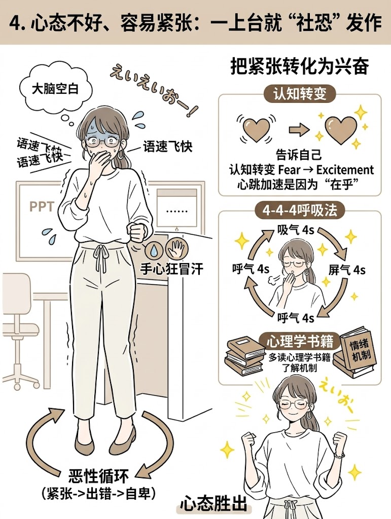 4. 心态不好、容易紧张：一上台就“社恐”发作