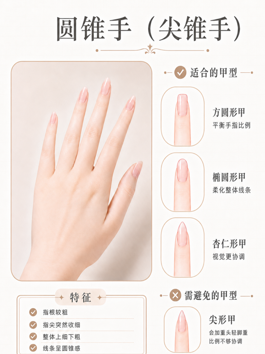 圆锥手（尖锥手）的特征、适合与不适合的甲型