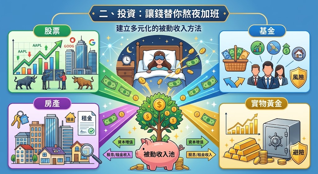 二、 投资：让钱替你熬夜加班，建立多元化的被动收入方法
