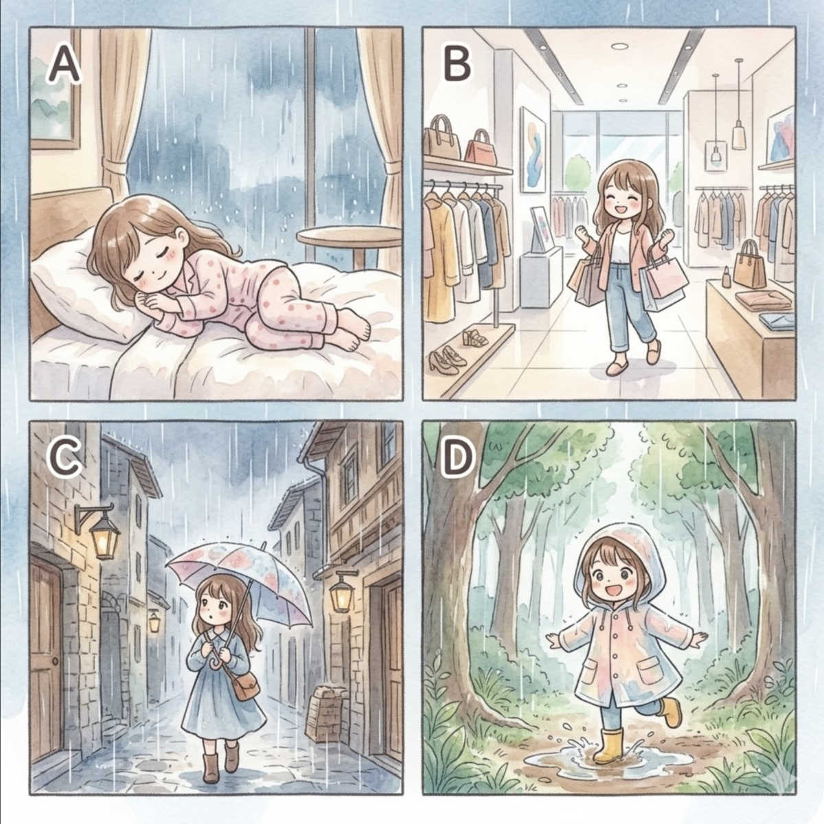 Q3. 终于到达了目的地，但老天不作美，一出门就下起了倾盆大雨导致原定行程全部泡汤，你会：